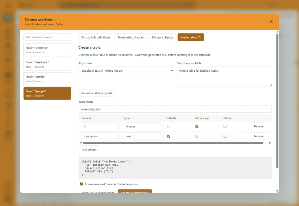 Editable table design with columns, primary-key selection and generated CREATE TABLE SQL