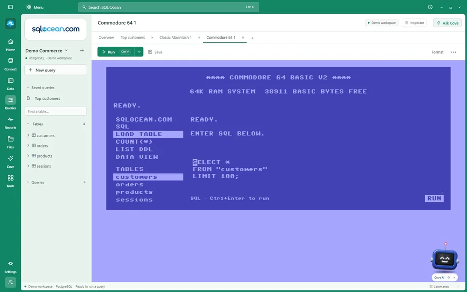 Commodore 64 inspired SQL workspace
