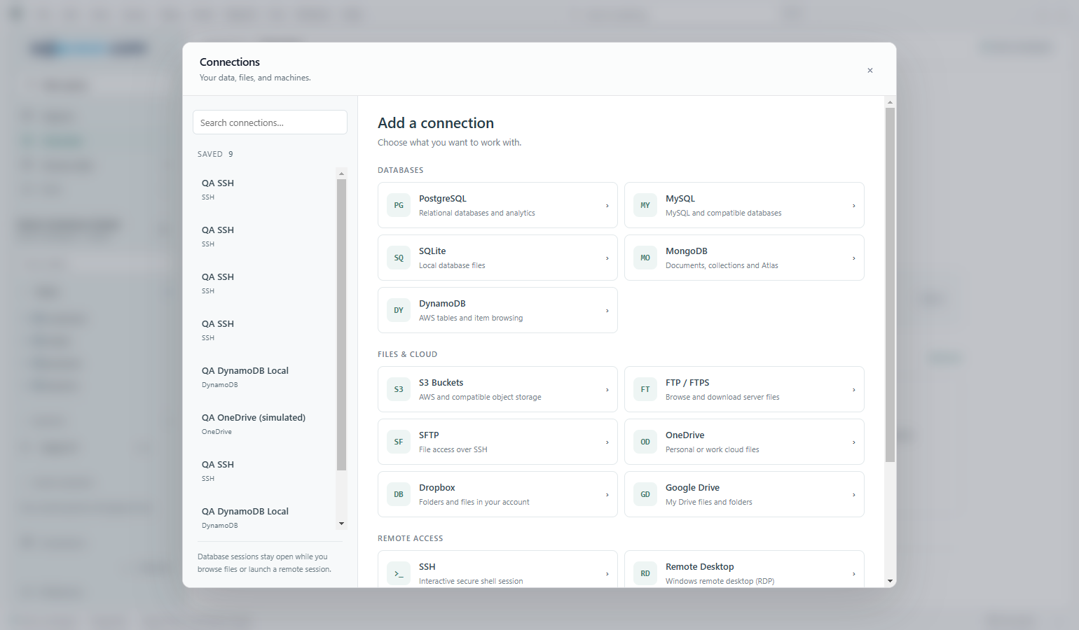 SQL Ocean connection hub grouping databases, FTP, SFTP, cloud drives and remote access
