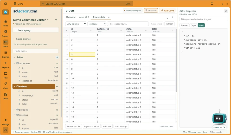 JSON Inspector showing the fields of a fictional order record