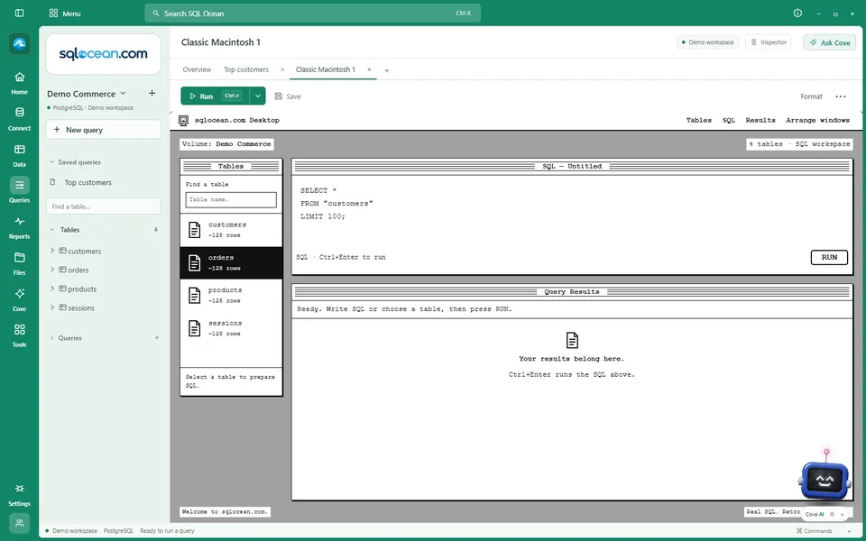 Classic Macintosh inspired SQL Ocean workspace