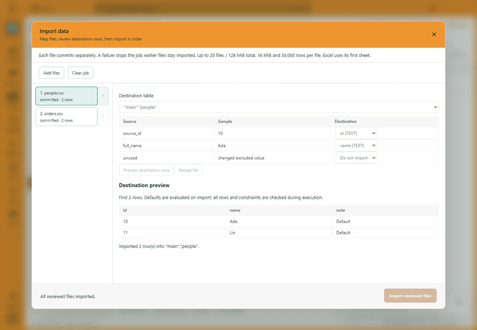 Completed two-file import with separate people and orders destinations