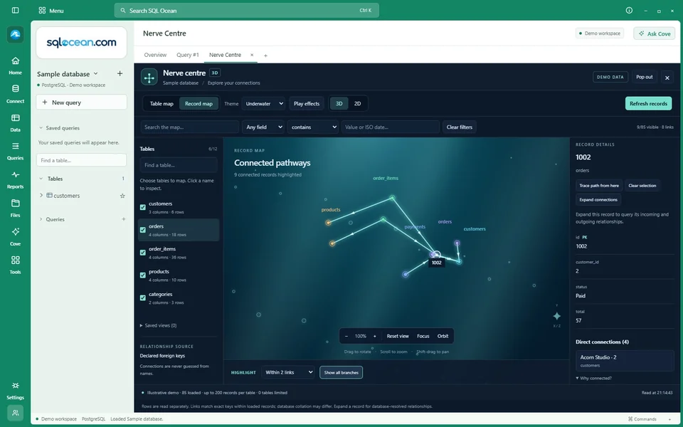 Connected demo records in the 3D Nerve Centre