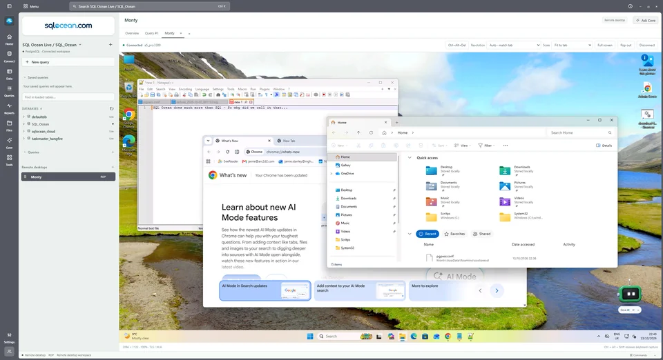 A connected Windows desktop inside SQL Ocean