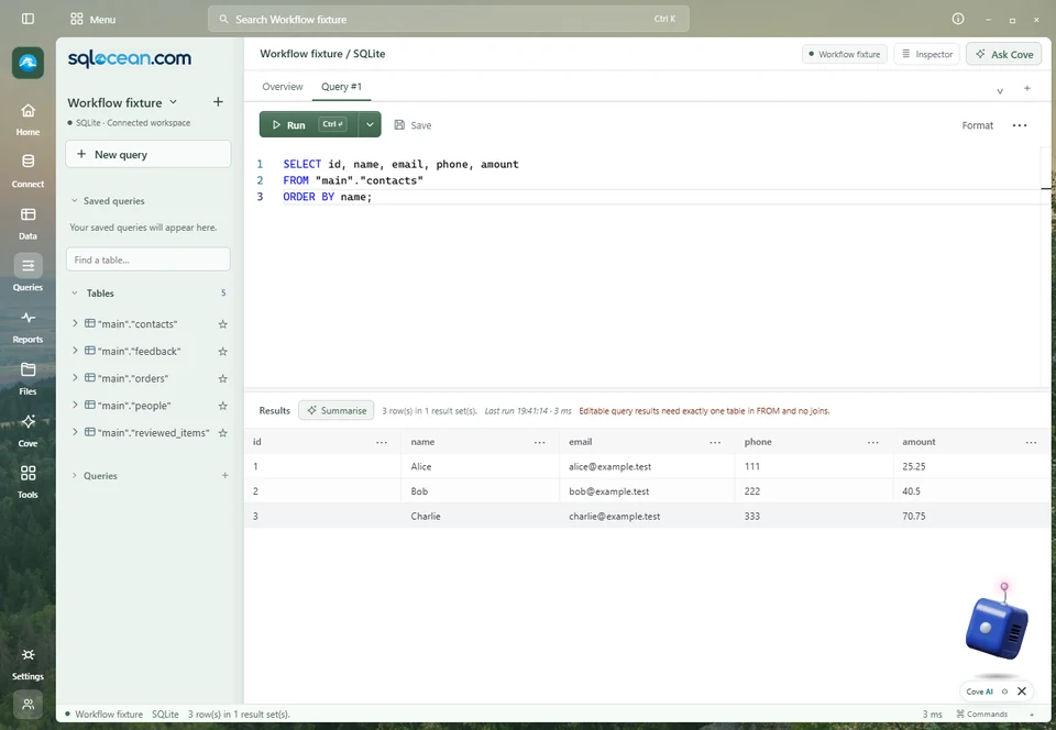 SQL Ocean with a forest sunrise photo around the editor