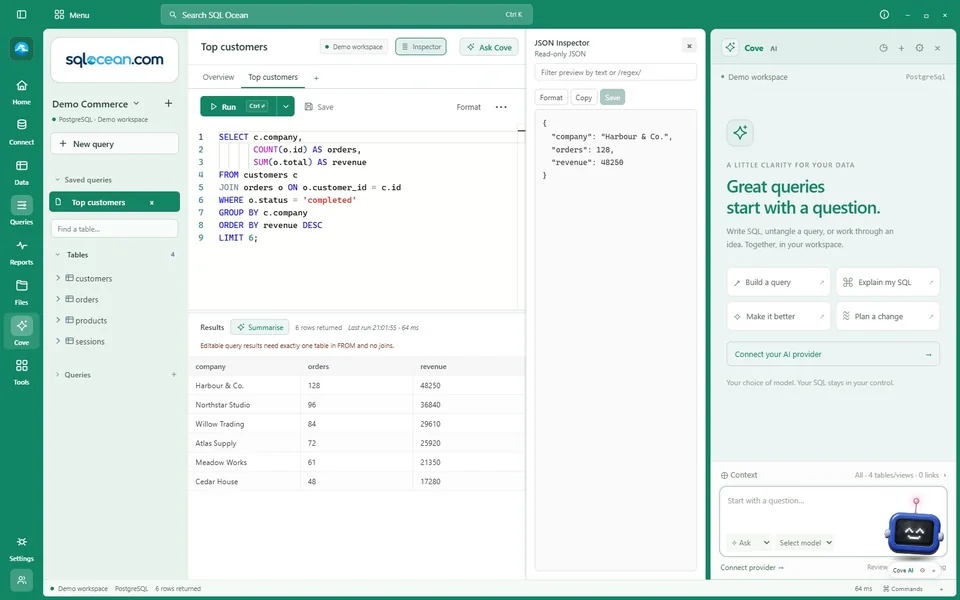 Cove AI assistant panel beside the editor