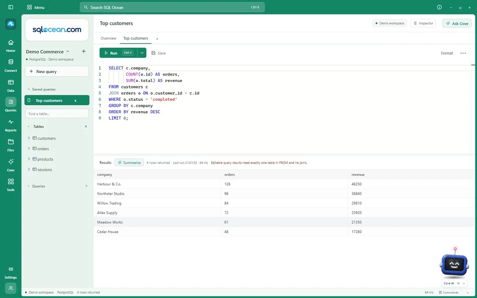 SQL editor and demo query results